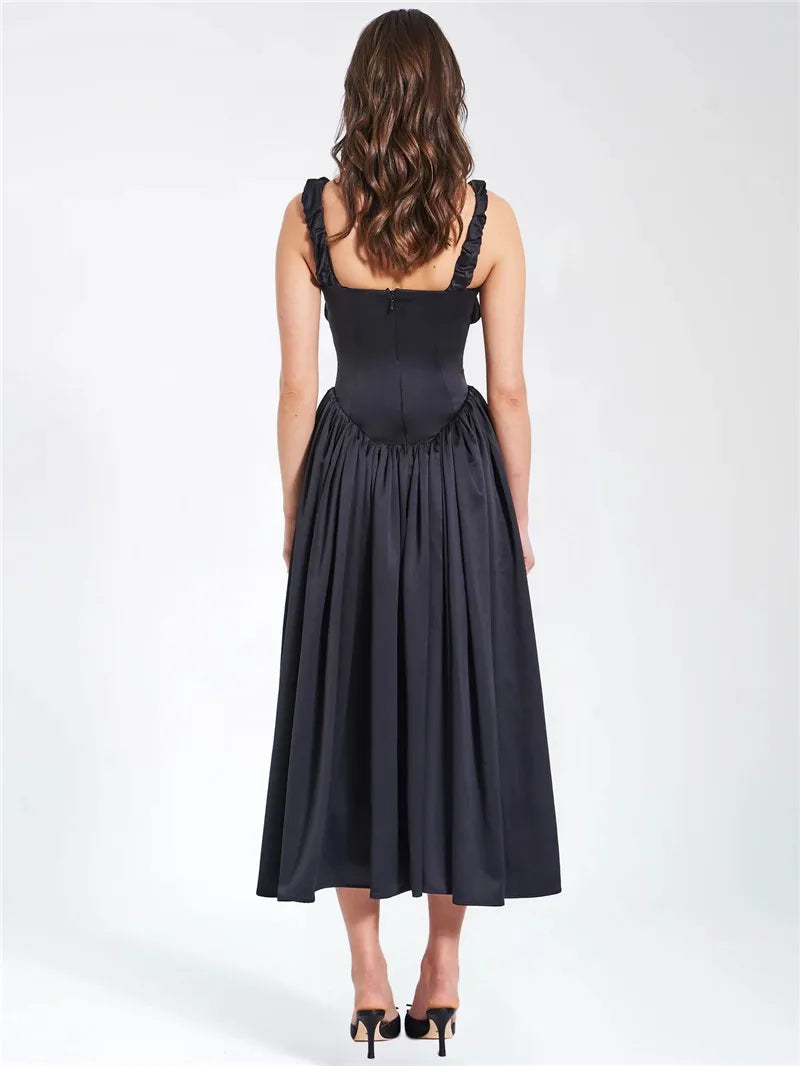 Elegant Satin Backless Midi Dress For Women High Quality Sundress Fashion Square Collar Sleeveless Loose Pleated Dress