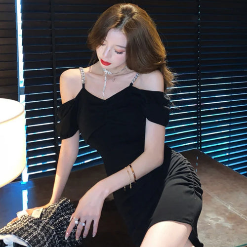 Load image into Gallery viewer, Sexy Black Bodycon Dress Summer Night Club Party Korean Fashion Kpop Off Shoulder Mini Short Dresses Summer Sundress
