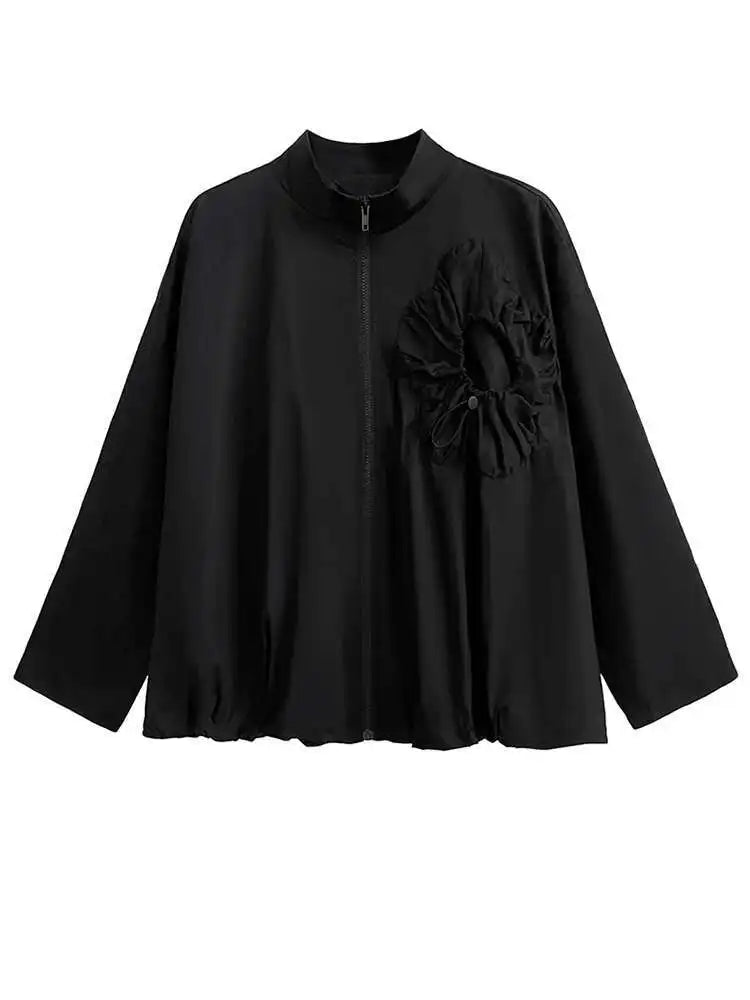 Loose Fit Black Pleated Big Size Jacket New Stand Collar Long Sleeve Women Coat Fashion Tide Spring Autumn 2025 1DH0794