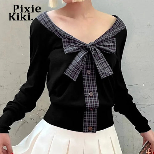 Load image into Gallery viewer, Plaid Bow Patchwork V Neck Long Sleeve Tops Women 2024 Autumn Kawaii T Shirts Y2k 2000s Clothes P84-DI20
