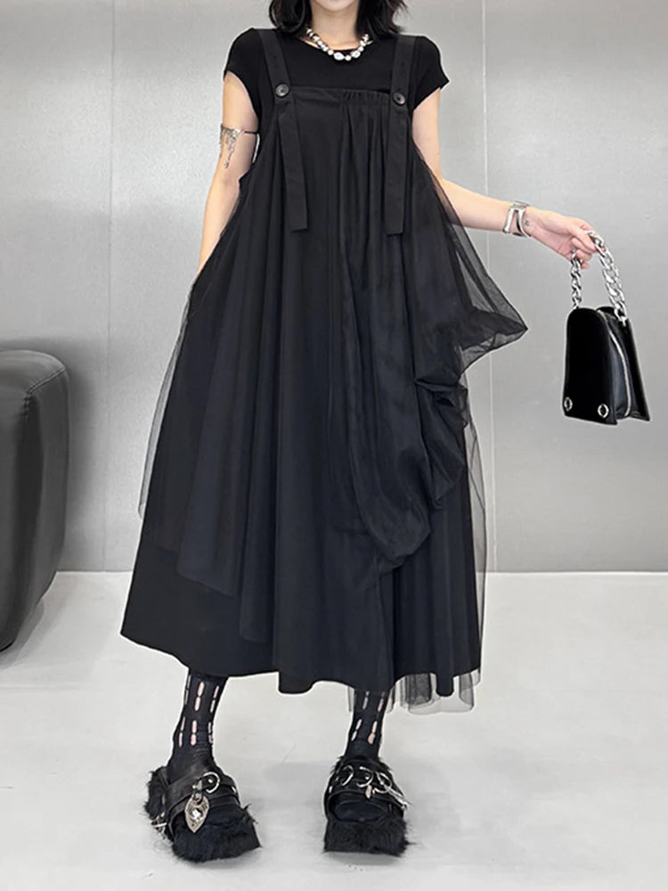 Women Black Irregular Mesh Big Size Strap Dress New Square Collar Sleeveless Fashion Tide Spring Autumn 2025 1DJ1413