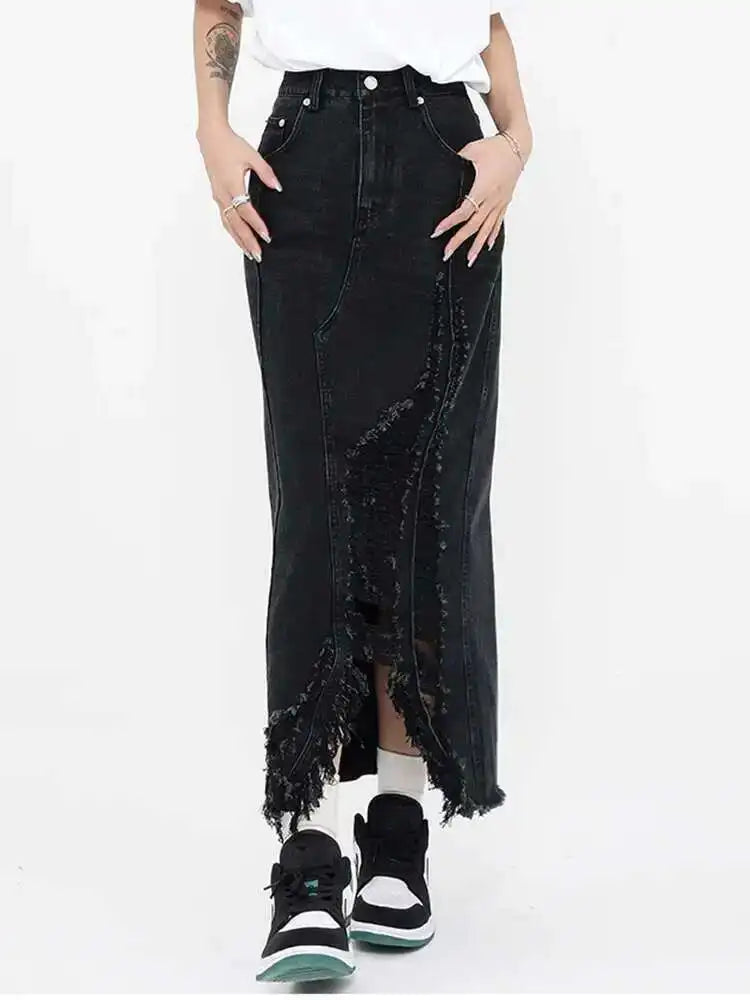 High Waist Blue Denim Holes Irregular Burr Long Casual Half-body Skirt Women Fashion Tide New Spring Autumn 2025 1DF6983