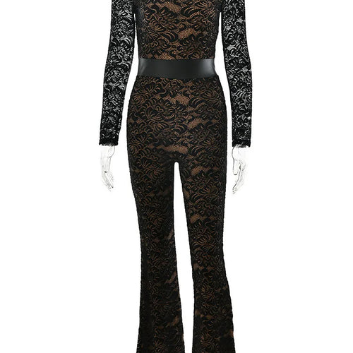 Load image into Gallery viewer, Fashion Lace Leather Patchwork Long Sleeved Jumpsuit Women's 2025 Autumn/Winter Sexy Patchwork New Elastic Tight Rompers
