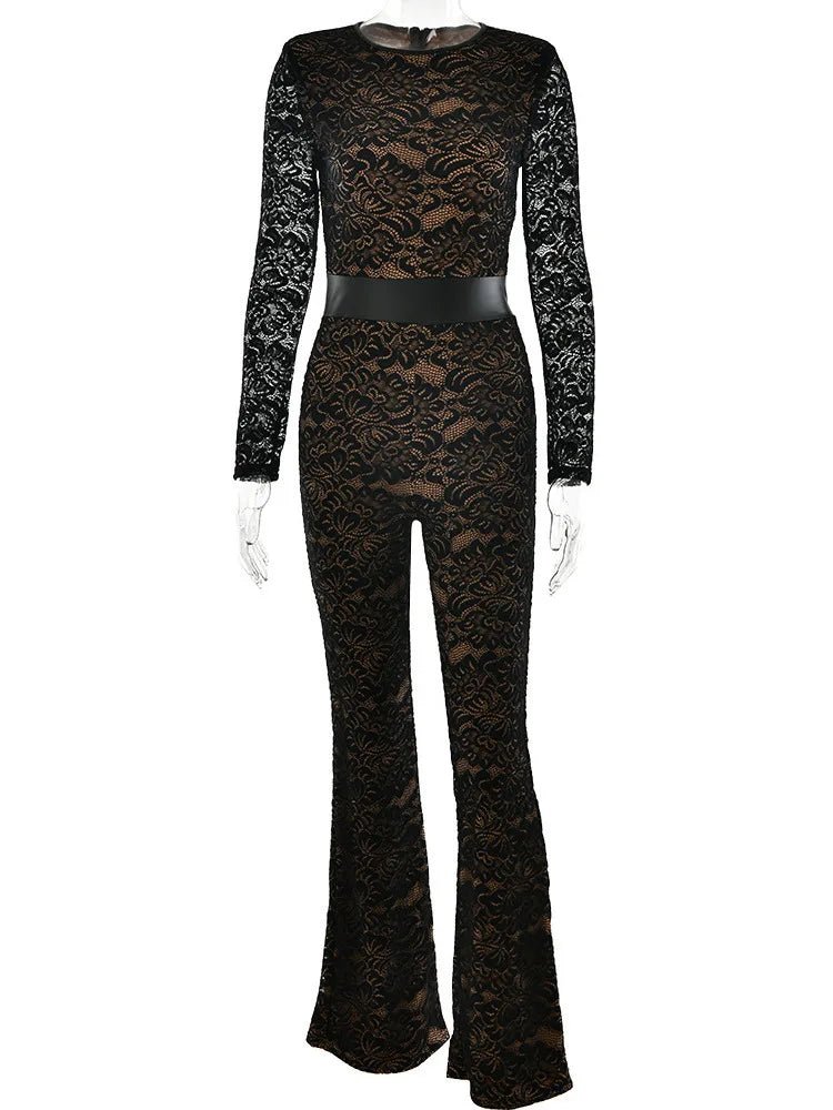Fashion Lace Leather Patchwork Long Sleeved Jumpsuit Women's 2025 Autumn/Winter Sexy Patchwork New Elastic Tight Rompers