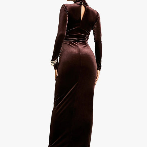 Load image into Gallery viewer, Velvet Long Sleeve Sexy Maxi Dress For Women Autumn Winter New Turtleneck Draped Ruched Bodycon Sexy Long Dress
