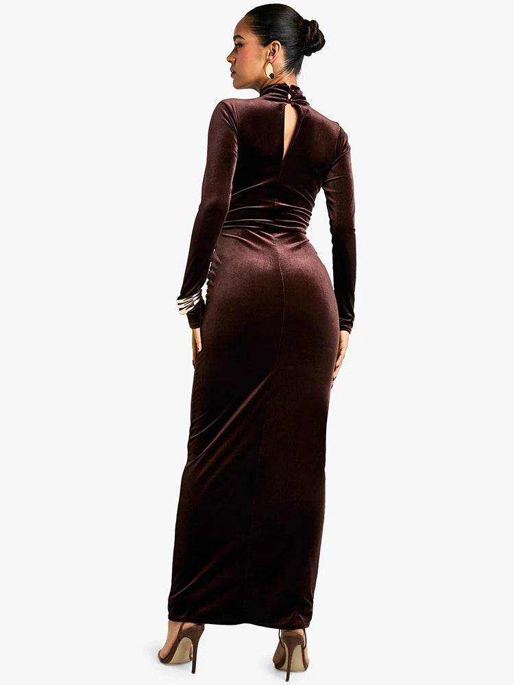 Velvet Long Sleeve Sexy Maxi Dress For Women Autumn Winter New Turtleneck Draped Ruched Bodycon Sexy Long Dress