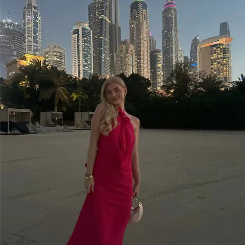 Load image into Gallery viewer, Rose Halter Off-shoulder Sexy Maxi Dress Women Rose Red Sleeveless Backless Lace-up High Waist Club Party Long Dress
