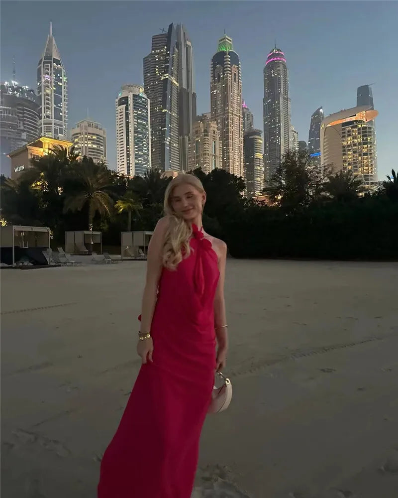 Rose Halter Off-shoulder Sexy Maxi Dress Women Rose Red Sleeveless Backless Lace-up High Waist Club Party Long Dress