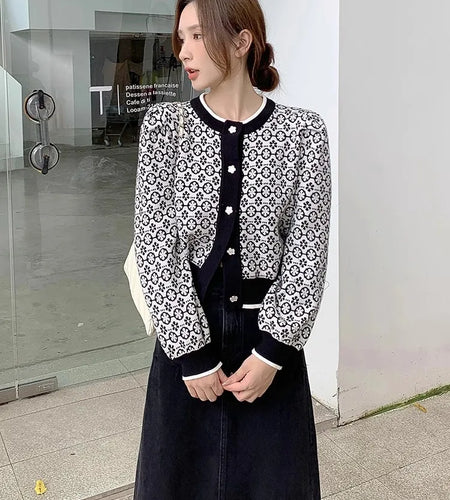 High Quality Fashion Designer Floral Jacquard Cardigan Long Sleeve Single Breasted Contrast Color Women Knitted Sweater C-165