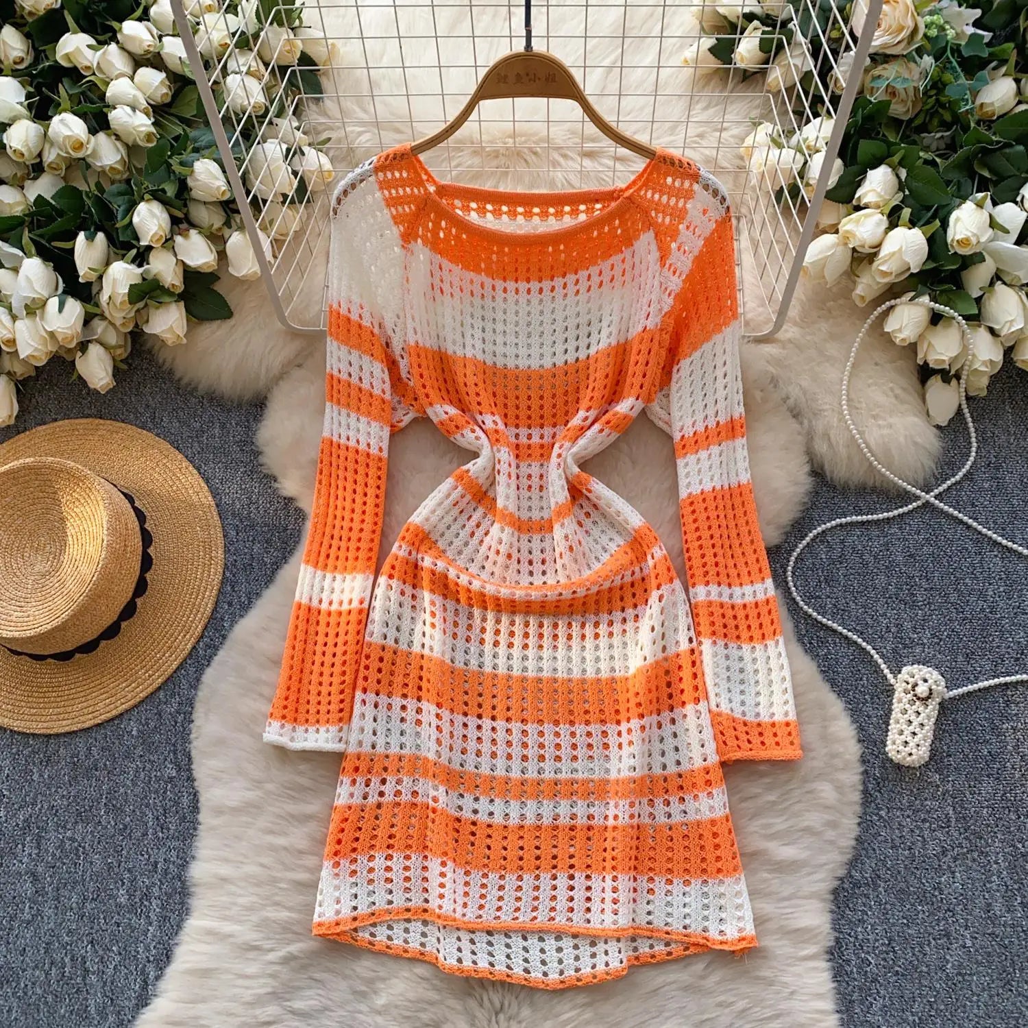 Korean 2025 Spring New Elegant Rainbow Stripe Long Sleeves Knitted Dresses Women Round Neck Hollow Out Vacation Midi Dress Trend
