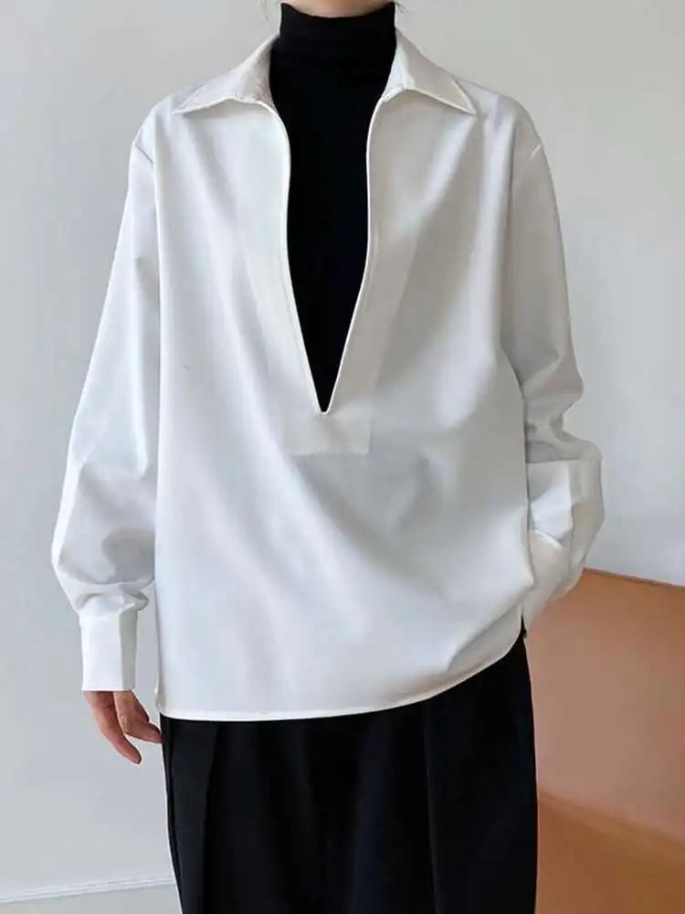 Women White Blue Brief Elegant Big Size Blouse New V-neck Long Sleeve Shirt Fashion Tide Spring Autumn 2025 1DH6648