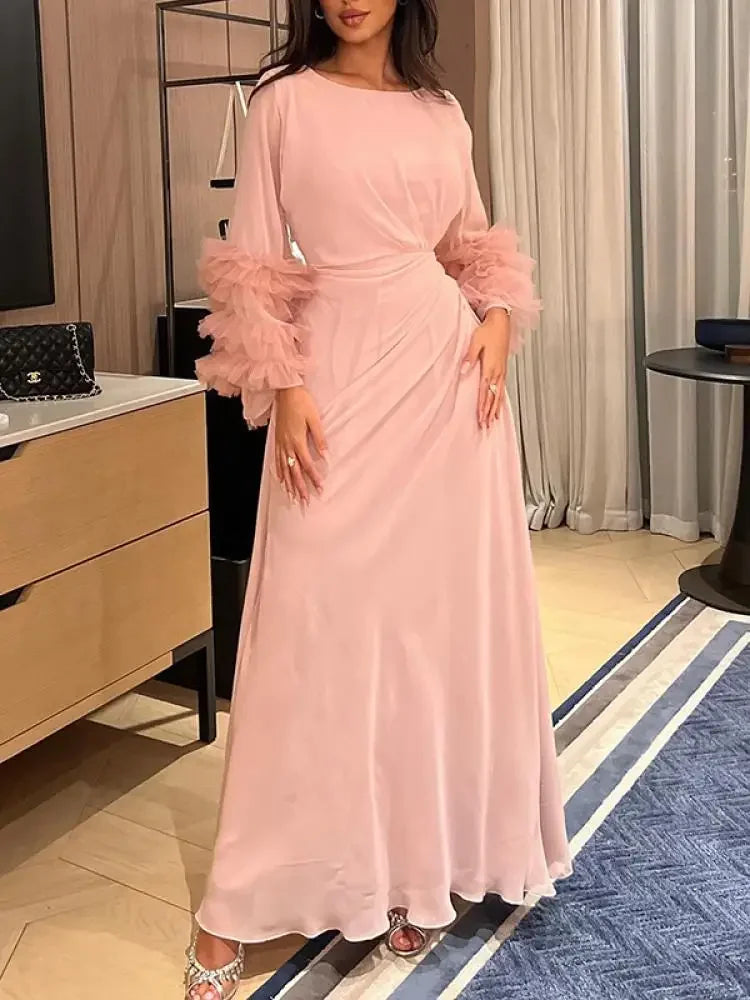Elegant Solid Color Pleated Waist Party Evening Maxi Dresses 2025 New Spring Summer Fashion Flared Sleeve A-Line Dress