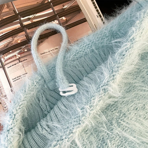 Load image into Gallery viewer, Autumn Winter Beige Blue Elegant Plush Neck Off Shoulder Short Knitted Sweater Korean Women's Brown Long Sleeved Pullover Tops
