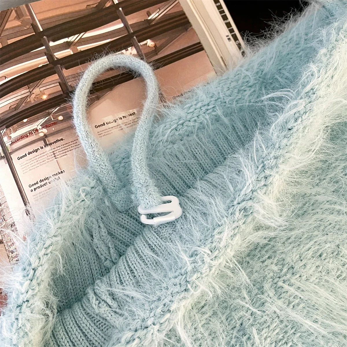 Autumn Winter Beige Blue Elegant Plush Neck Off Shoulder Short Knitted Sweater Korean Women's Brown Long Sleeved Pullover Tops