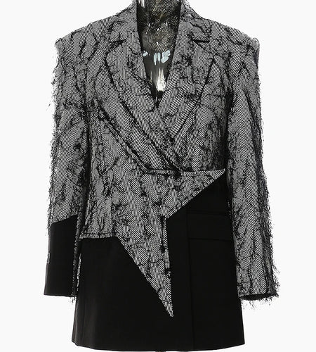 Women Black Color-block Tassels Big Size Blazer New Lapel Long Sleeve Loose Fit Jacket Fashion Spring Autumn 2025 1DH2129