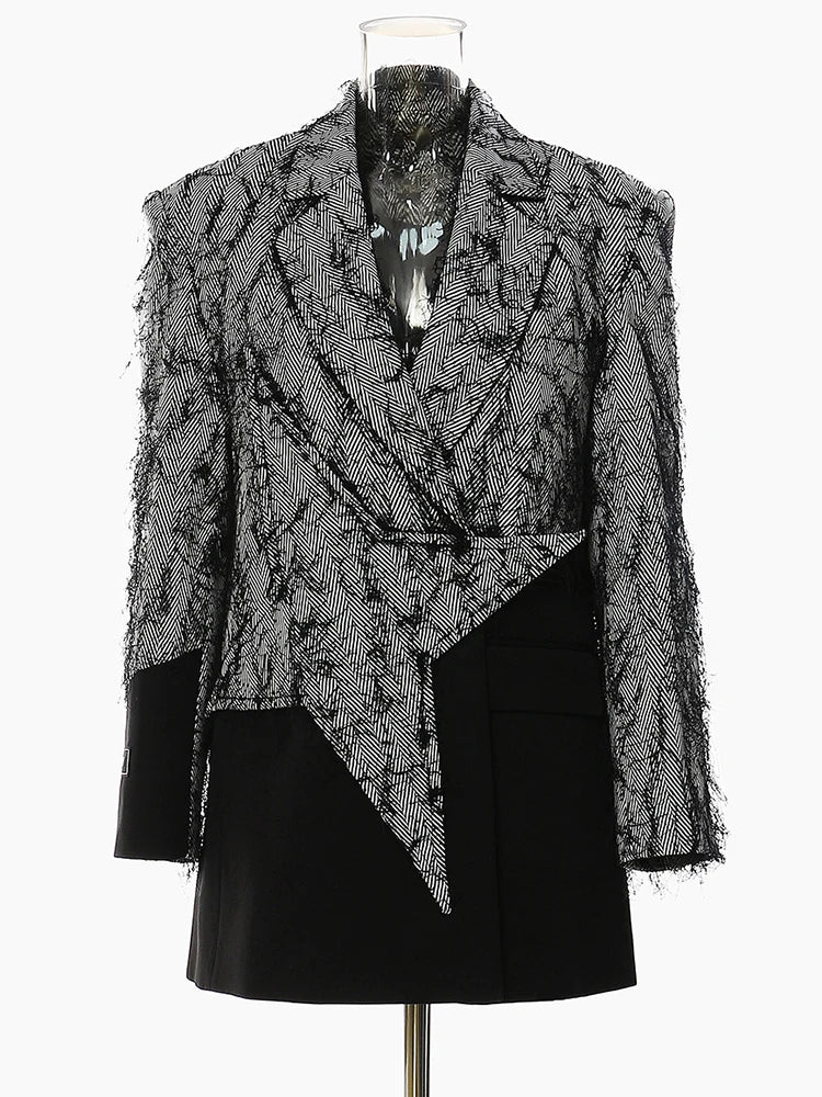 Women Black Color-block Tassels Big Size Blazer New Lapel Long Sleeve Loose Fit Jacket Fashion Spring Autumn 2025 1DH2129