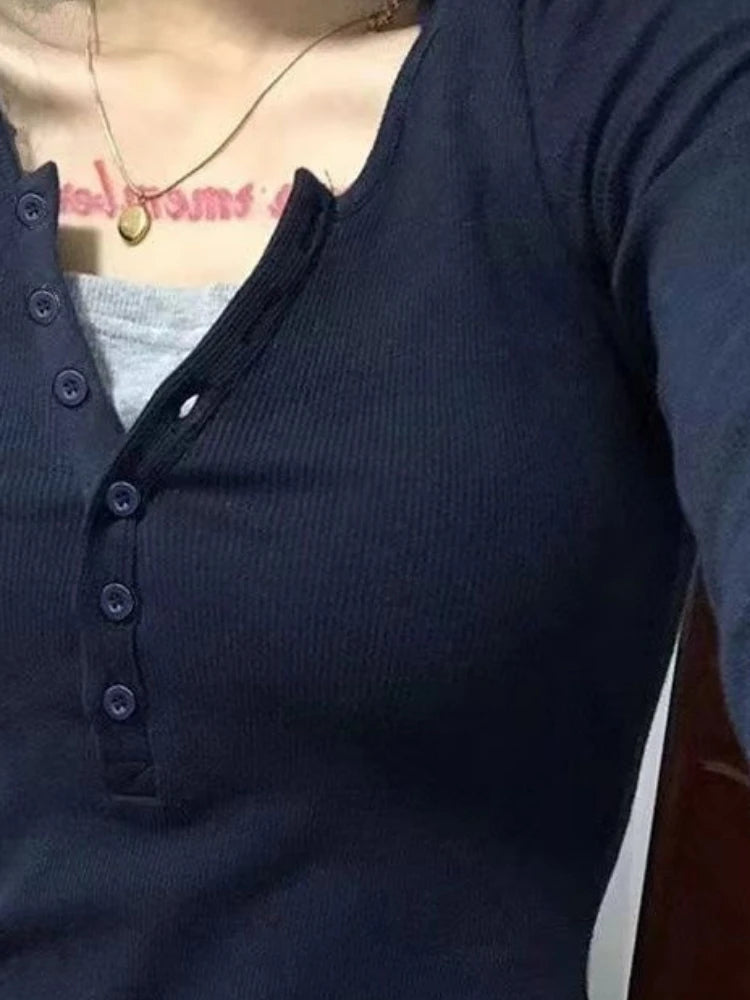 Y2k Aesthetic Casual Fake Two Piece T-shirt Womens Harajuku Patchwork Vintage Top Streetwear Grunge Single Breasted Shirts Femme