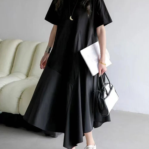 Load image into Gallery viewer, Women Black Irregular Spliced Big Size Casual Dress New Round Neck Short Sleeve Fashion Tide Spring Summer 2025 1DJ1188
