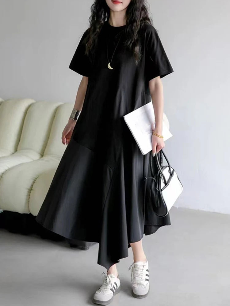 Women Black Irregular Spliced Big Size Casual Dress New Round Neck Short Sleeve Fashion Tide Spring Summer 2025 1DJ1188