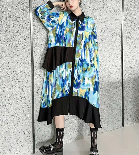 Women Green Pattern Printed Irregular Big Size Shirt Dress New Lapel Long Sleeve Fashion Tide Spring Autumn 2025 1DH4829