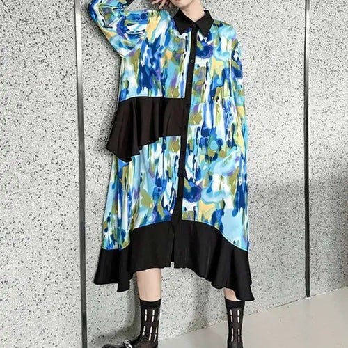 Load image into Gallery viewer, Women Green Pattern Printed Irregular Big Size Shirt Dress New Lapel Long Sleeve Fashion Tide Spring Autumn 2025 1DH4829

