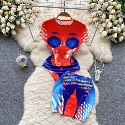 Load image into Gallery viewer, Women Fashion Red Blue Patchwork Print O Neck Short Sleeves Slim Bodysuits+ Elastic Waist Mini Skirts Y2k Retro Two Pieces Suits
