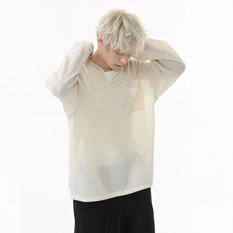 Men's T-shirt Long Sleeve Design Korean Pocket Decoration V-neck Casual Top Thin Loose Male Pullover Clothing 9W1585