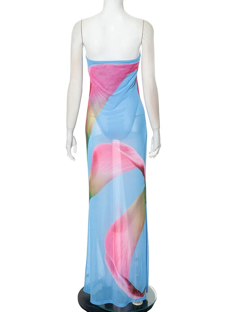 Floral Print Strapless Sexy Maxi Dress For Women Gown Patchwork Off-shoulder Backless Sleeveless Print Long Dress