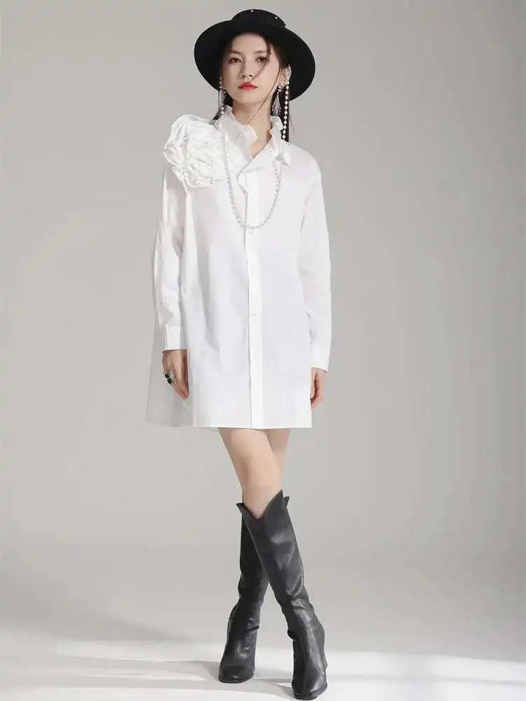 Women White Flower Big Size Long Blouse New Ruffles Collar Long Sleeve Shirt Fashion Tide Spring Autumn 2025 1DH4787