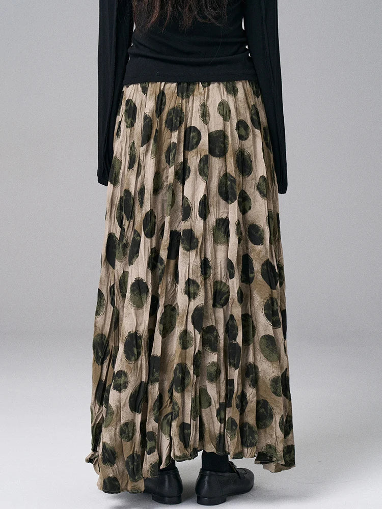 High Elastic Waist Green Dot Printed Vintage A-line Half-body Skirt Women Fashion Tide New Spring Autumn 2025 1DJ0380