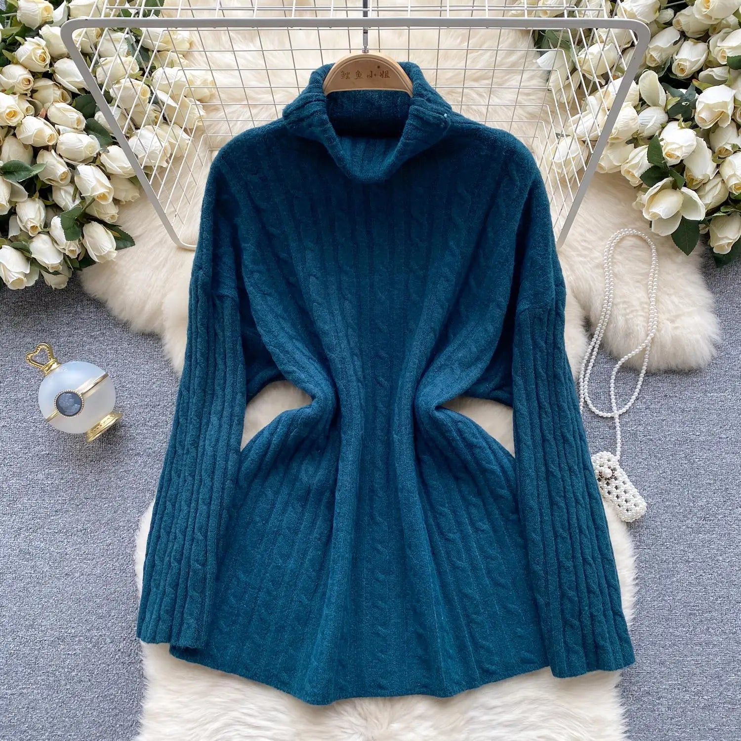 Autumn Winter Women's Solid Elegant High-neck Knitting Sweater Female Loose Thick Warm Long Sleeves Simple Crochet Pullover Tops