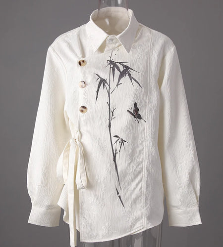 Women Beige Button Jacquard Bandage Big Size Blouse New Lapel Long Sleeve Shirt Fashion Tide Spring Autumn 2025 CPG3221