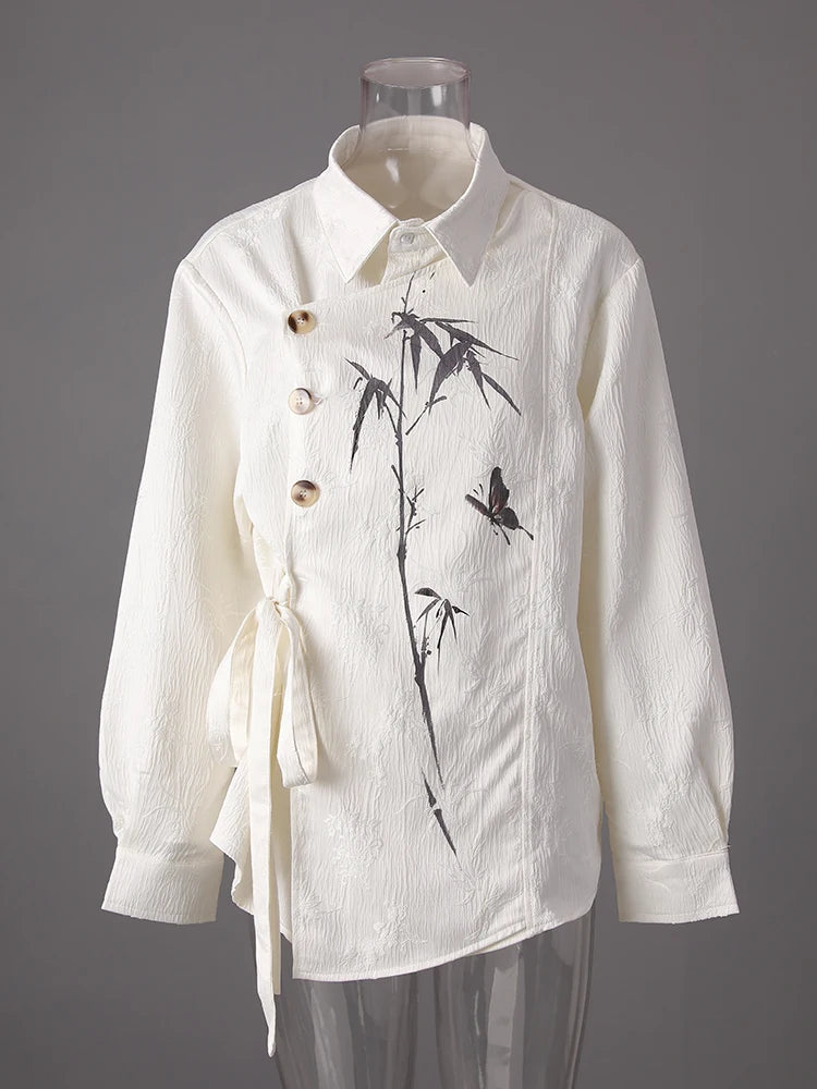 Women Beige Button Jacquard Bandage Big Size Blouse New Lapel Long Sleeve Shirt Fashion Tide Spring Autumn 2025 CPG3221