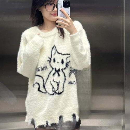 Load image into Gallery viewer, Japanese Oversize Fur Sweater Autumn Cartoon Cat Kawaii Cute Loose Women Pullover Y2k Aesthetic Hole Preppy Style Grunge Tops
