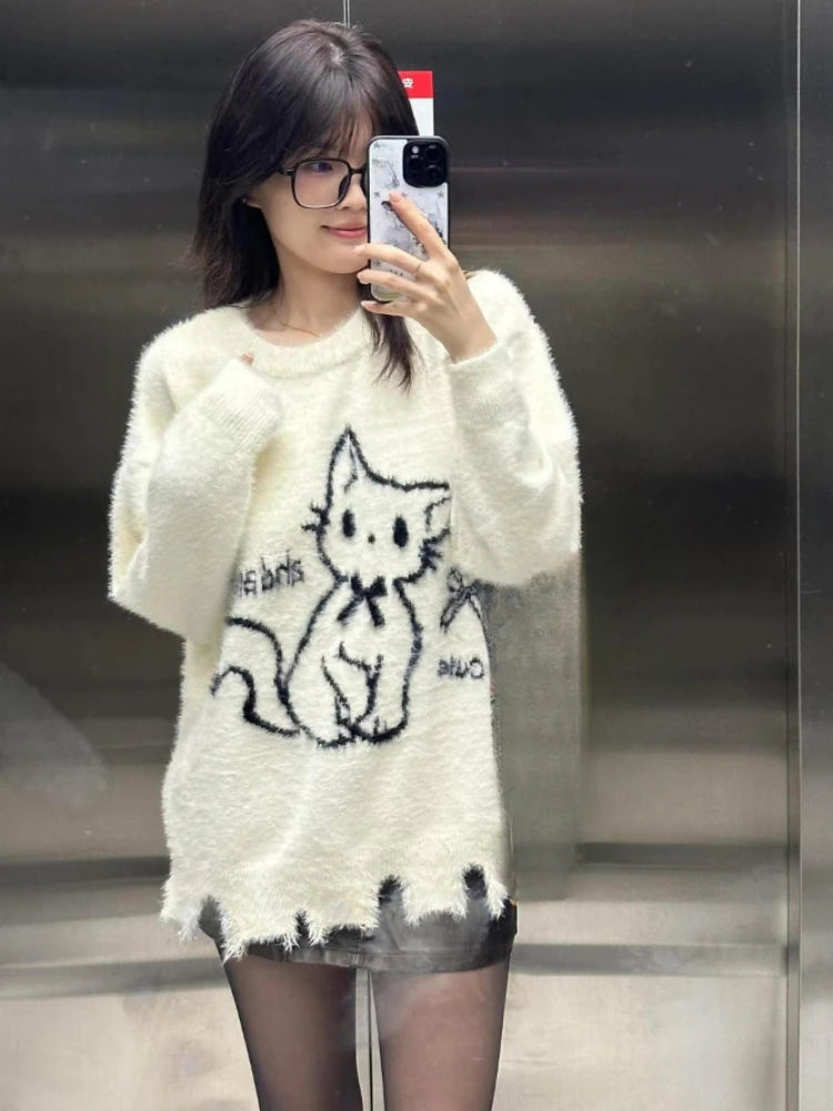 Japanese Oversize Fur Sweater Autumn Cartoon Cat Kawaii Cute Loose Women Pullover Y2k Aesthetic Hole Preppy Style Grunge Tops