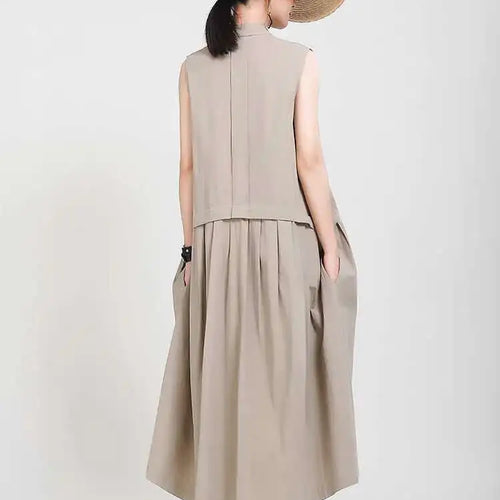 Load image into Gallery viewer, Women Khaki Split Pleated Long  Dress New Stand Collar Sleeveless Loose Fit Fashion Tide Spring Summer 2025 1Y353
