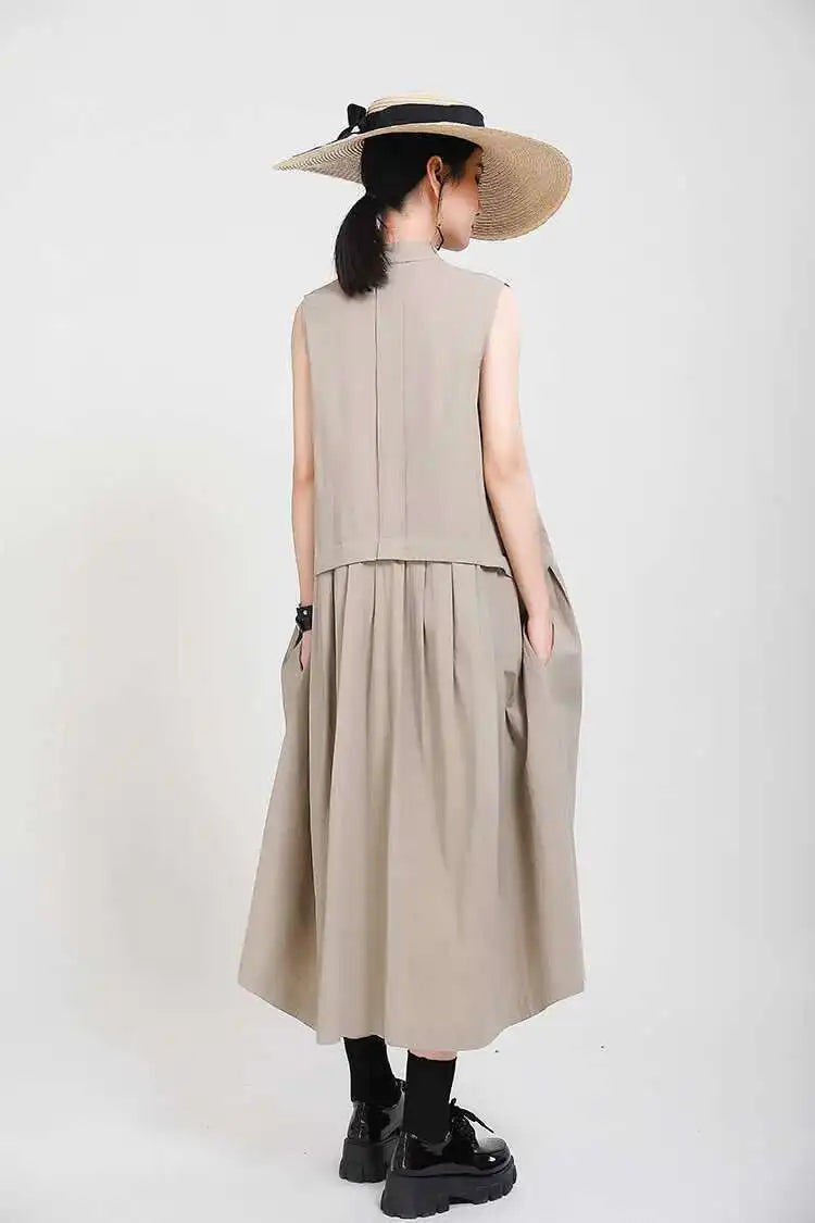 Women Khaki Split Pleated Long  Dress New Stand Collar Sleeveless Loose Fit Fashion Tide Spring Summer 2025 1Y353
