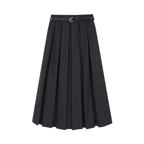 Load image into Gallery viewer, Korean Black Woolen Skirt Women Elegant Brown Autumn Winter High Waist A-line Office Fashion Gray Zippered Pleated Long Skirts
