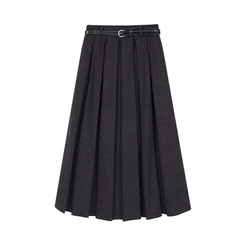 Korean Black Woolen Skirt Women Elegant Brown Autumn Winter High Waist A-line Office Fashion Gray Zippered Pleated Long Skirts