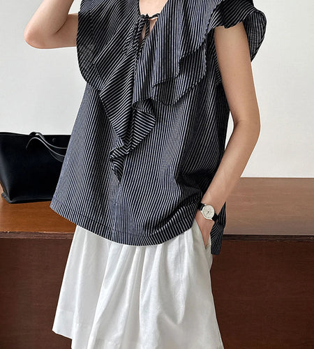 Women Navy Blue Ruffles Striped Elegant  Blouse New V-Neck Short Sleeve Shirt Fashion Tide Spring Summer 2025 1DJ1697
