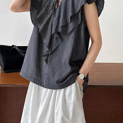 Load image into Gallery viewer, Women Navy Blue Ruffles Striped Elegant  Blouse New V-Neck Short Sleeve Shirt Fashion Tide Spring Summer 2025 1DJ1697
