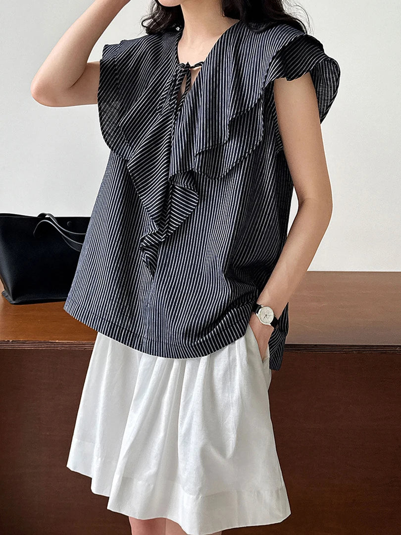 Women Navy Blue Ruffles Striped Elegant  Blouse New V-Neck Short Sleeve Shirt Fashion Tide Spring Summer 2025 1DJ1697