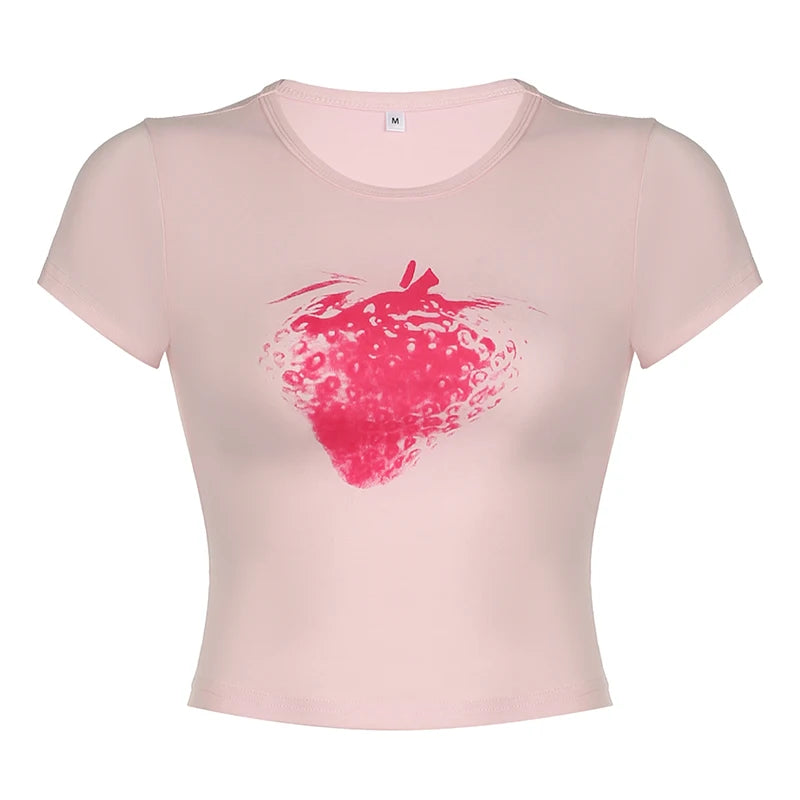 Pink Sweet Strawberry Printed Bodycon Crop Top Women Korean Fashion Cute Tee Shirts Summer Crew Neck Girls Clothing