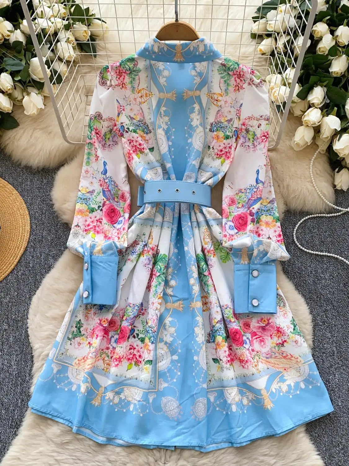 French Flower Elegant Single Breasted Long Sleeved Vacation Shirt Dress Spring Fashion Birthday Evening Party Dress Bohemian New