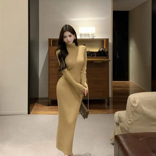 Load image into Gallery viewer, New Solid High Collar Long Sleeve Festival Knitted Dress Autumn Winter French Fashion Slim Long Sleeves Elegant Wrap Hip Dresses
