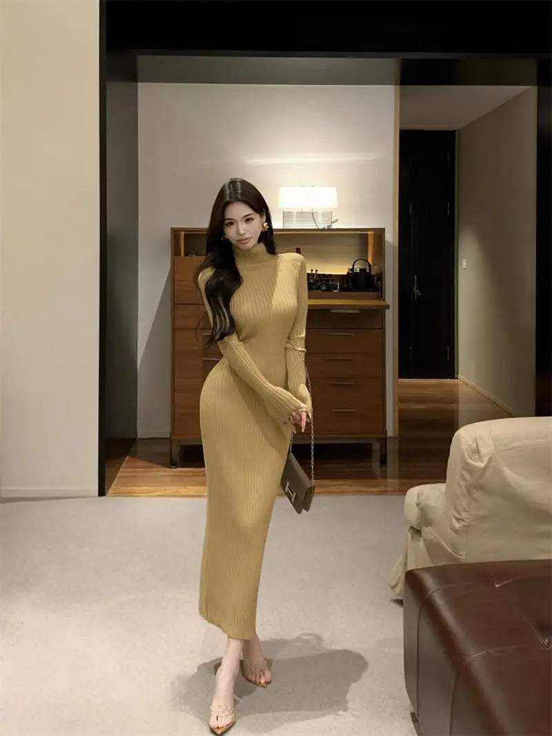 New Solid High Collar Long Sleeve Festival Knitted Dress Autumn Winter French Fashion Slim Long Sleeves Elegant Wrap Hip Dresses