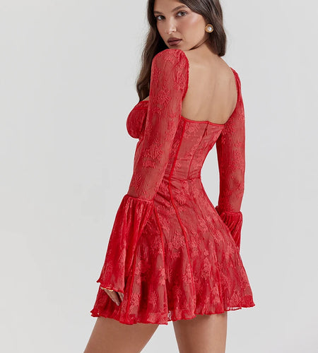 Elegant Square Neck Lace Patchwork Dress Women Flare Sleeve Ruffle Edge Double Layer Bodycon Vesidos Slim Party Evening