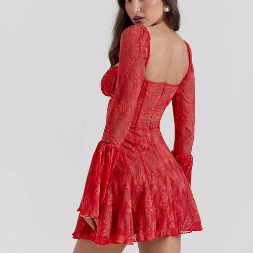 Load image into Gallery viewer, Elegant Square Neck Lace Patchwork Dress Women Flare Sleeve Ruffle Edge Double Layer Bodycon Vesidos Slim Party Evening
