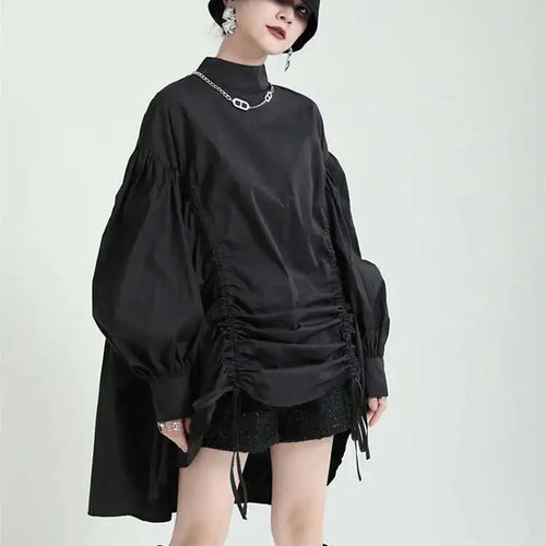 Load image into Gallery viewer, Women Balck Irregular Drawstring Big Size Dress New Stand Collar Long Sleeve Loose Fit Fashion Spring Autumn 2025 1Z18901
