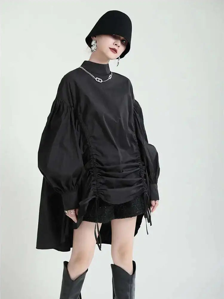 Women Balck Irregular Drawstring Big Size Dress New Stand Collar Long Sleeve Loose Fit Fashion Spring Autumn 2025 1Z18901